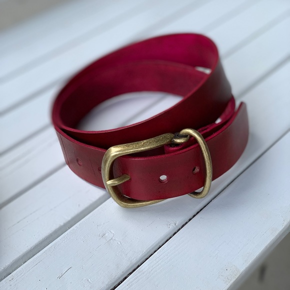 Handmade Red Leather Belt /featuring bronze buckle main image 4